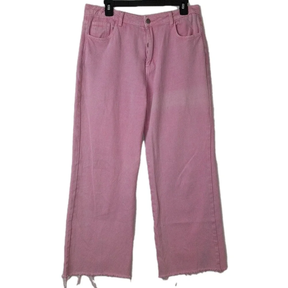 Pink Denim Jeans High Waisted Wide Leg Y2K Bubblegum Sassy Shortcake L Large